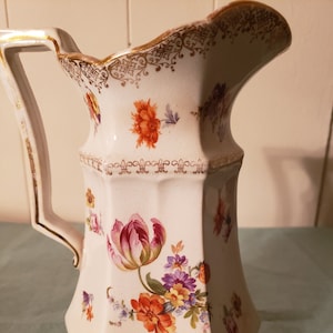 Wheeling Pottery La Belle Victorian China 6 sided Floral Pitcher| Vintage Victorian Pitcher| Collectible Pitcher|