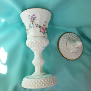 Vintage Westmoreland Milk Glass Roses & Bows Hand Painted Urn| 1950s Westmoreland White Milk Glass Roses Bows Diamond point Urn Gold Trim
