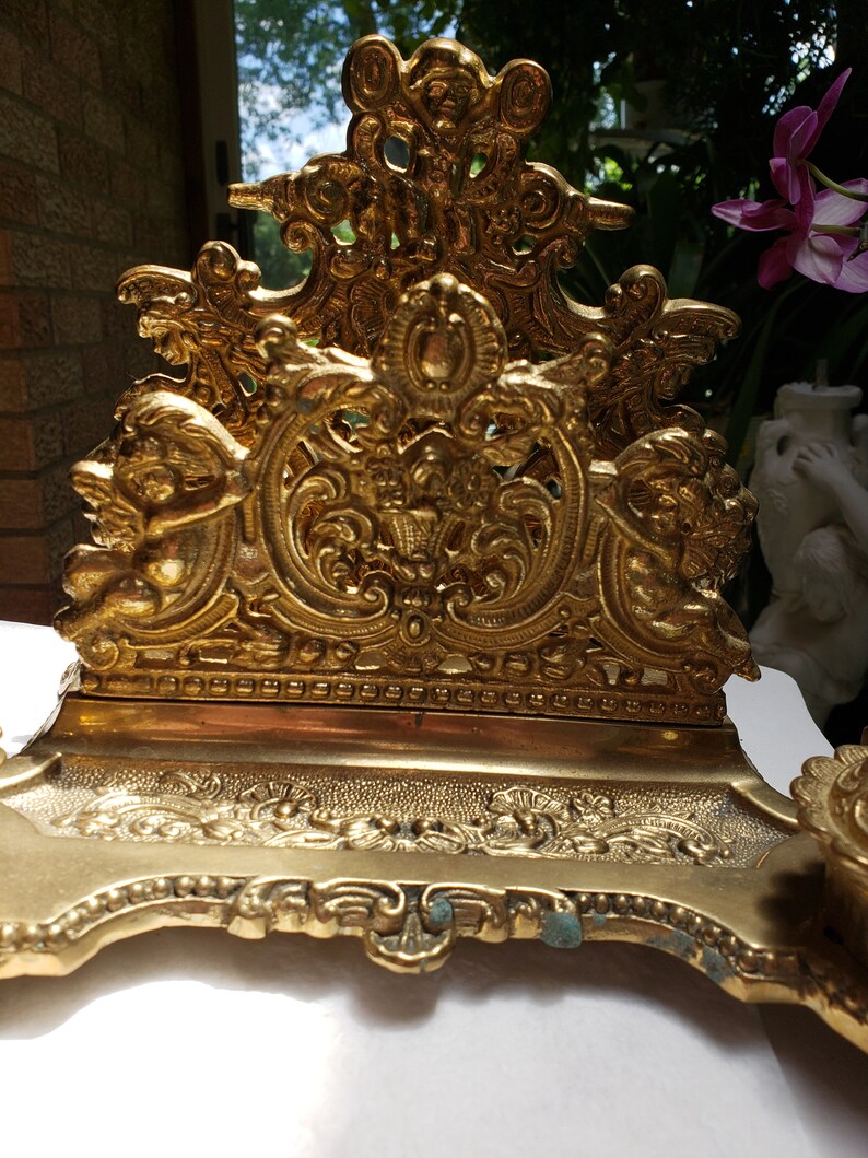 Ornate Solid Brass Cherub double Inkwell and stationary holder Etsy