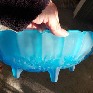 Vintage Indiana Blue Satin Glass Footed Fruit Bowl | Blue Satin Embossed Centerpiece Bowl| Serving Bowl| Bread Roll Bowl|