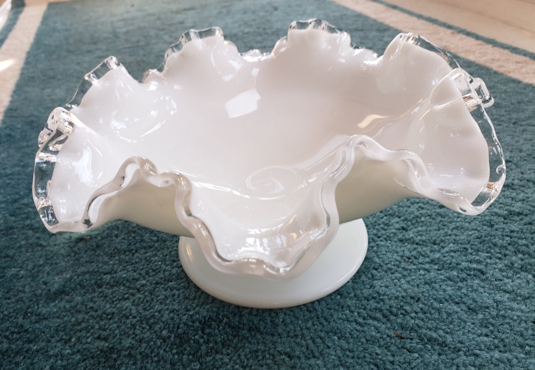 White Ruffle Edge Fenton Ruffle Edge Silver Crest Milk Glass Bowl| White Ruffle Edge Milk ...