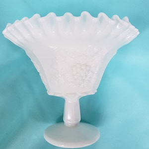 Westmoreland Westmoreland White Milk Glass Ruffle Edge Compote Candy Dish| Vintage Pedestal Grape Patterned Milk Glass Candy Dish