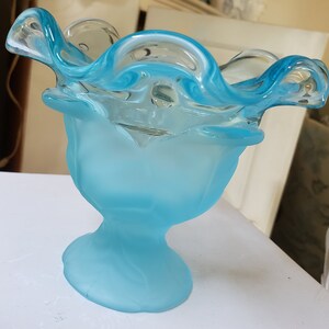 Blue satin and clear blue glass cabbage leaf compote - Viking Glass