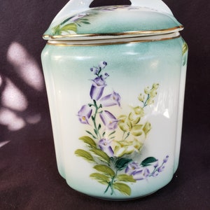 Limoges China Hand Painted Porcelain Biscuit Jar Gold Trim| Vintage Limoges Porcelain Cracker Jar Purple Flowers and Gold Trim