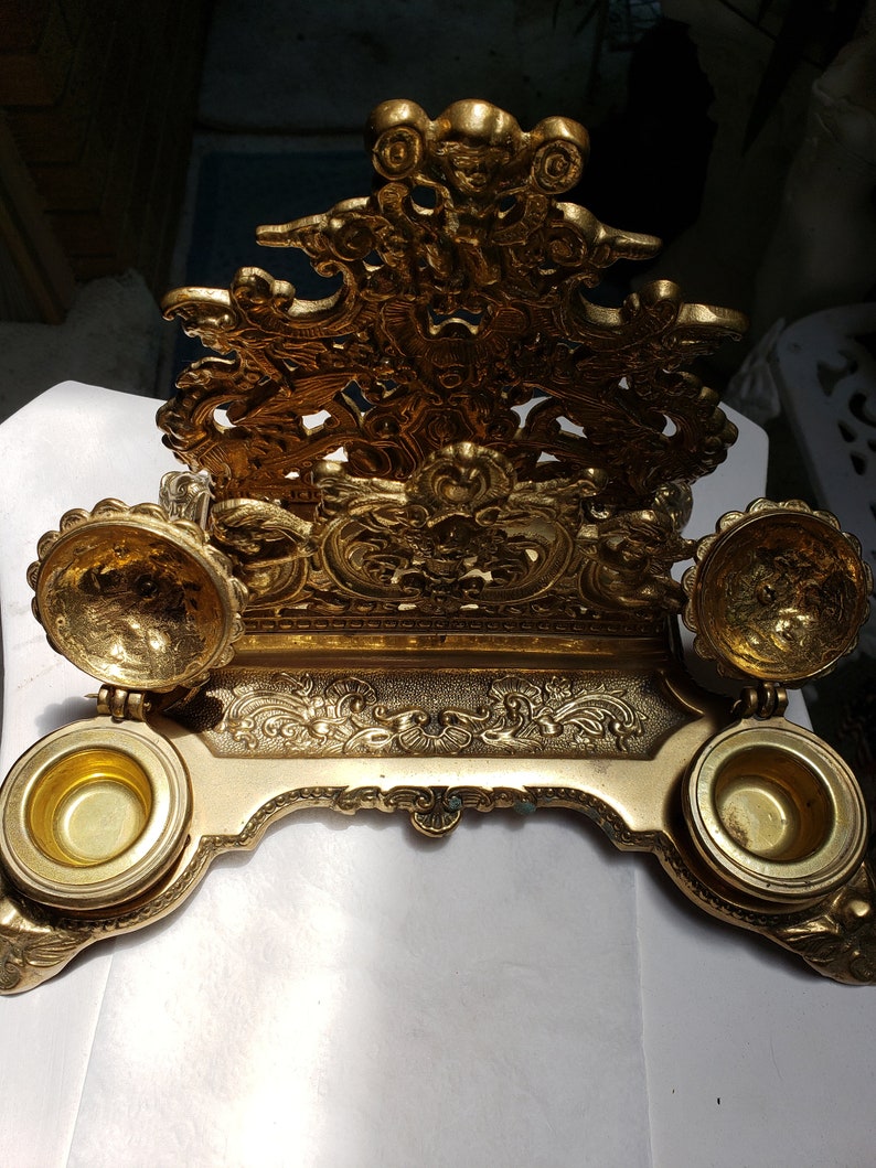 Ornate Solid Brass Cherub double Inkwell and stationary holder Etsy