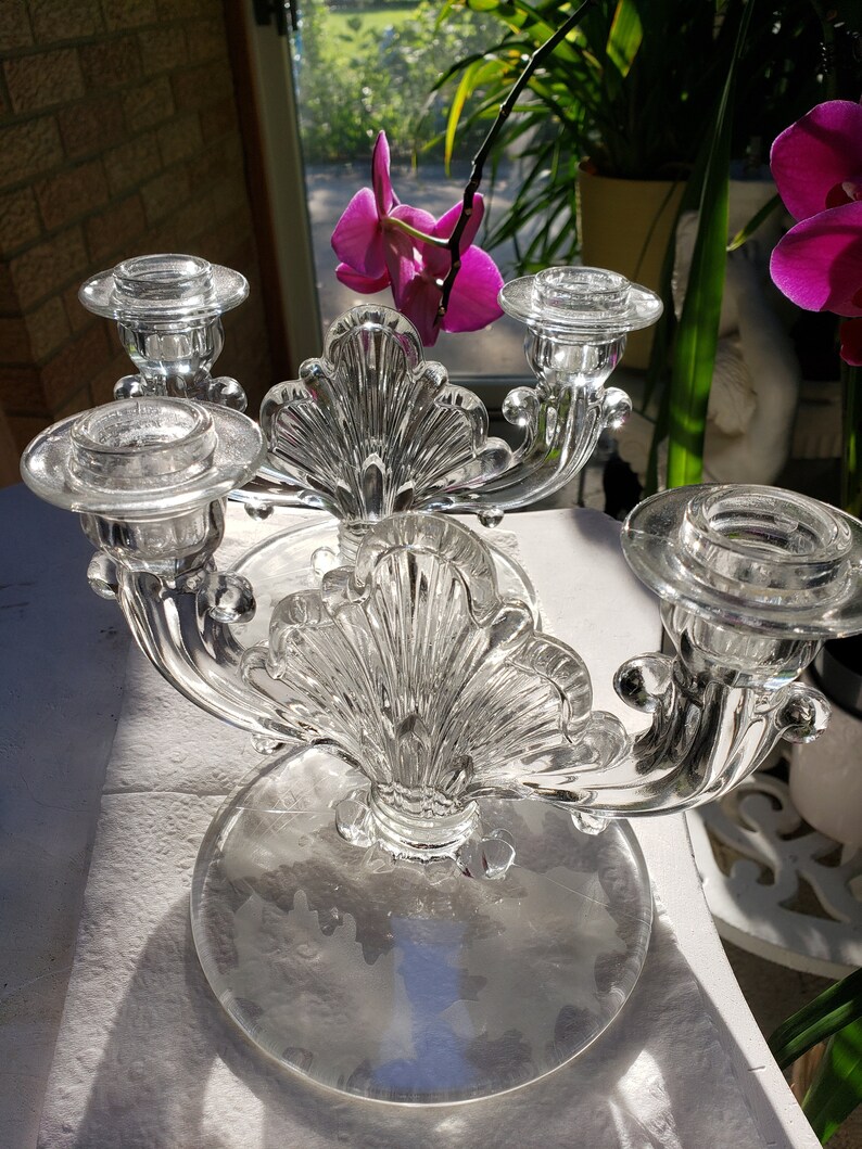 Elegant Vintage Clear Glass Double Candle Stick Holders Etched Etsy
