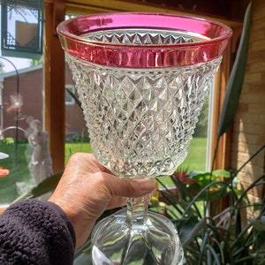 Ruby Rimmed Diamond Point Indiana Glass Apothecary Jar| Indiana Glass Ruby Rim Diamon d Point