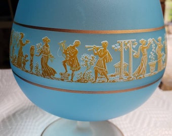 Blue Satin Snifter Vase with painted Greek mythology figures.