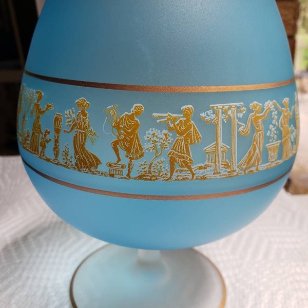 Blue Satin Snifter Vase with painted Greek mythology figures.