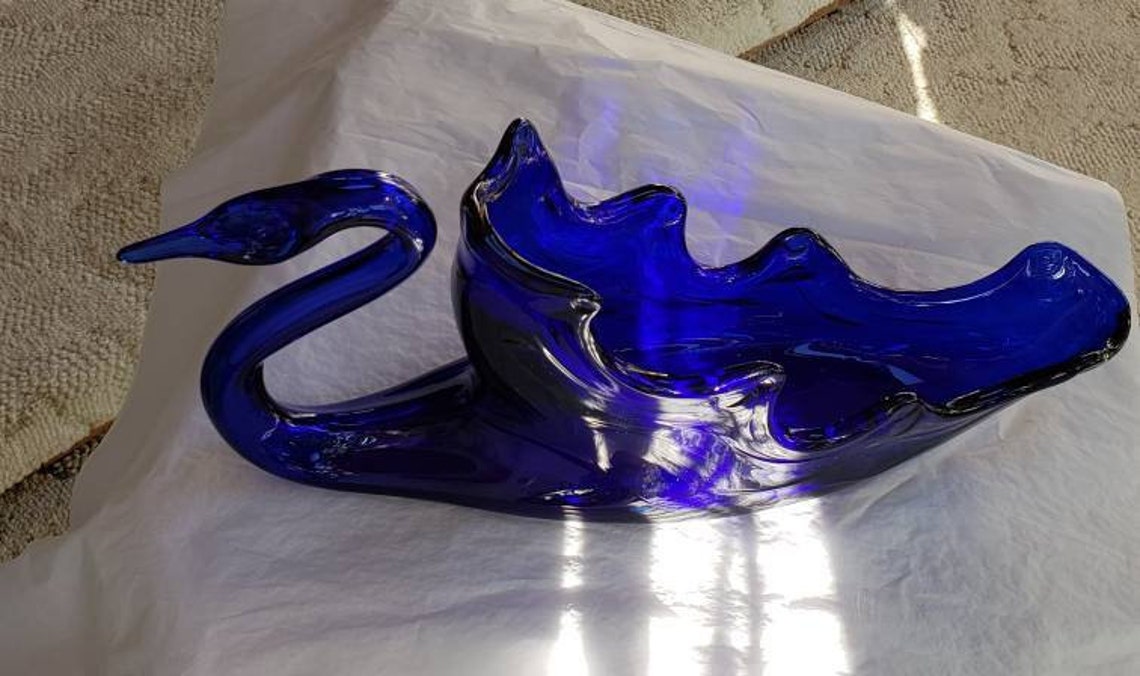 Vintage Cobalt Blue Hand Blown Glass Swan Collectible Cobalt Etsy
