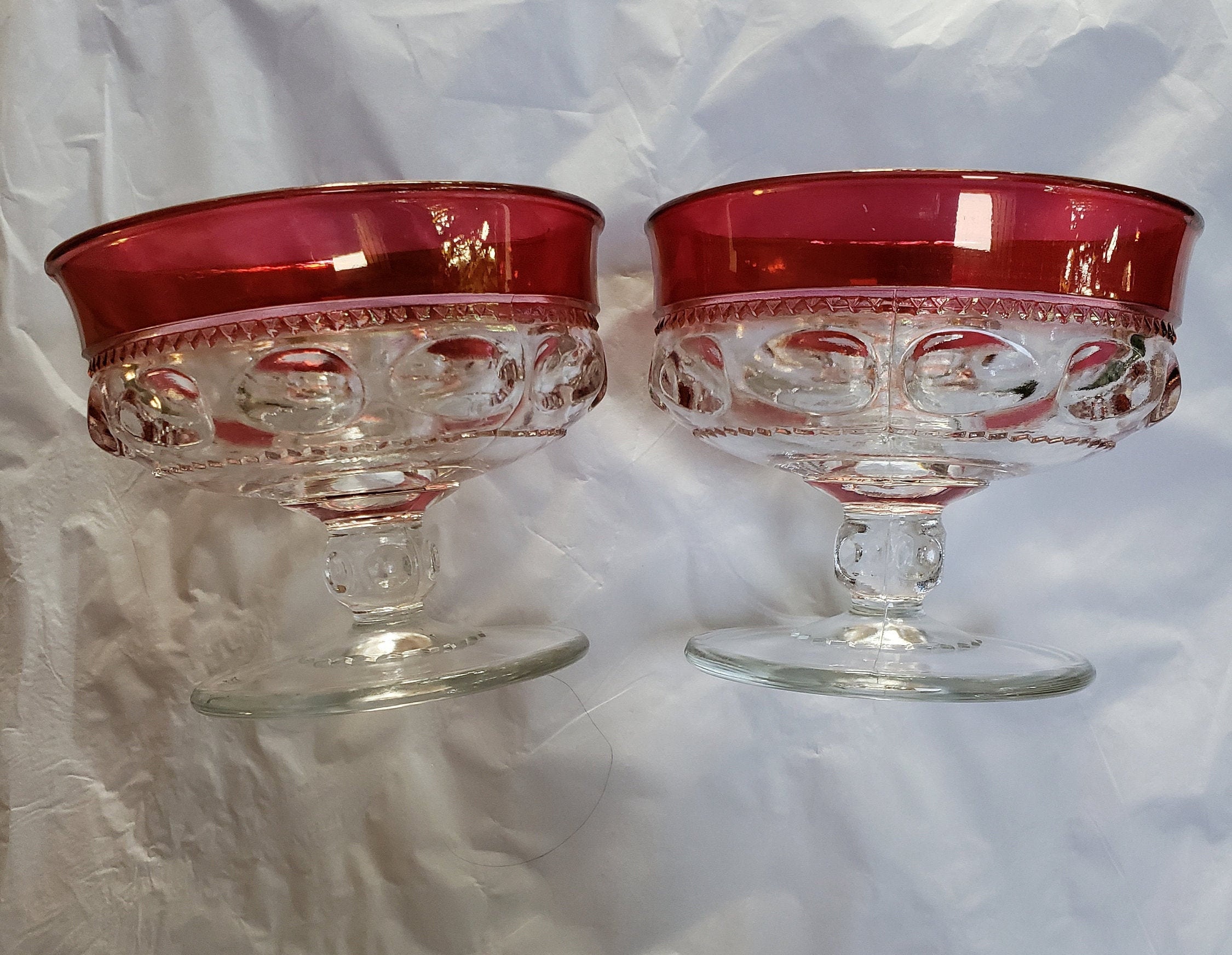 A Pair of Tiffin Kings Crown Thumbprint Ruby Red on Clear Candlestick Holders| Vintage Tiffin thumbprint candle holder ruby rim