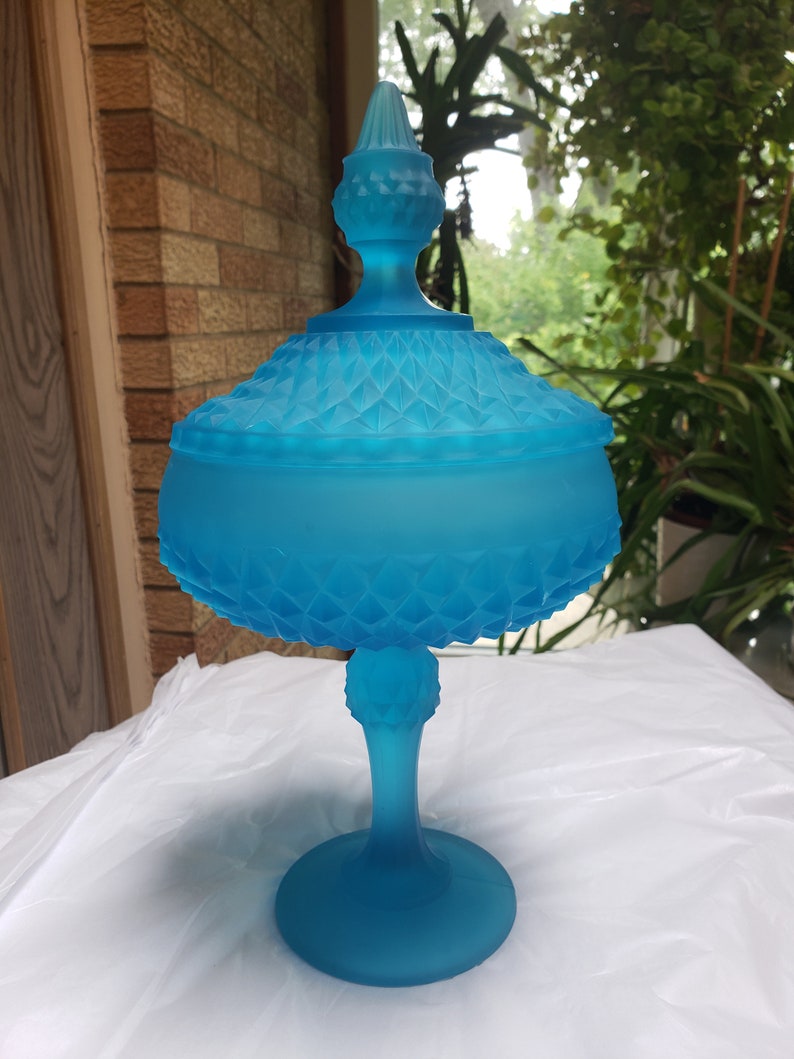 Blue Satin Indiana Diamond Point Glass Pedestal Candy Dish Etsy