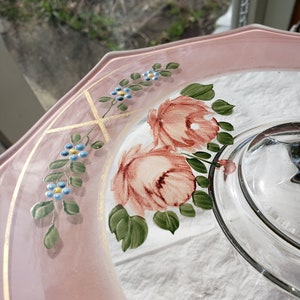 Vintage 8-sidig godbit / smörgåstallrik baksida & emaljmålad | Rosa rodnadsmålad smörgåstallrik bild 4