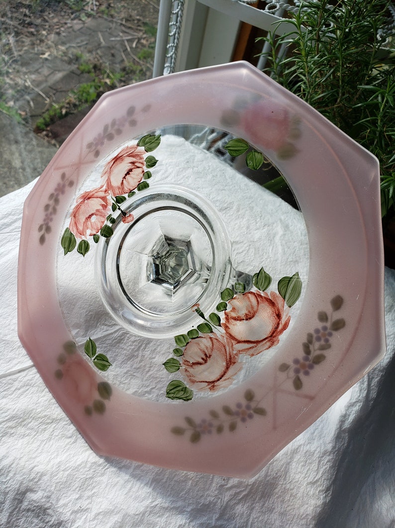 Vintage 8-sidig godbit / smörgåstallrik baksida & emaljmålad | Rosa rodnadsmålad smörgåstallrik bild 3