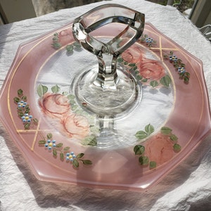 Vintage 8-sidig godbit / smörgåstallrik baksida & emaljmålad | Rosa rodnadsmålad smörgåstallrik bild 1