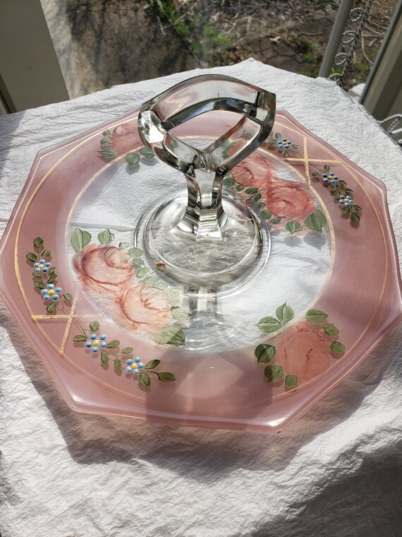 Vintage 8-Sided Tidbit / Sandwich Plate Reverse & Enamel Painted | Pink Blush Painted Sandwich Plate
