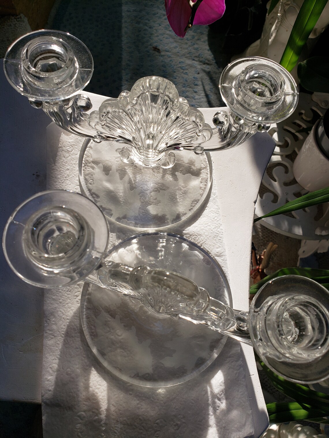 Elegant Vintage Clear Glass Double Candle Stick Holders Etched Etsy