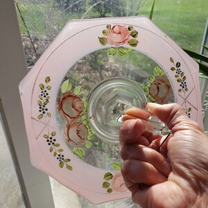 Vintage 8-sidig godbit / smörgåstallrik baksida & emaljmålad | Rosa rodnadsmålad smörgåstallrik bild 2