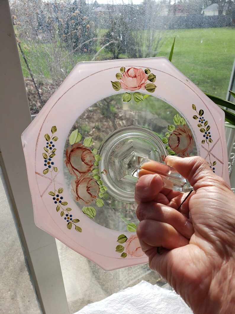 Vintage 8-sidig godbit / smörgåstallrik baksida & emaljmålad | Rosa rodnadsmålad smörgåstallrik bild 2