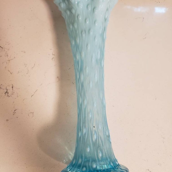 Vintage Northwood Turquoise Blue Opalescent Tree Trunk Vase| Blue Opalescent Diamond Point Ruffle Edge Vase| Collectible Vase