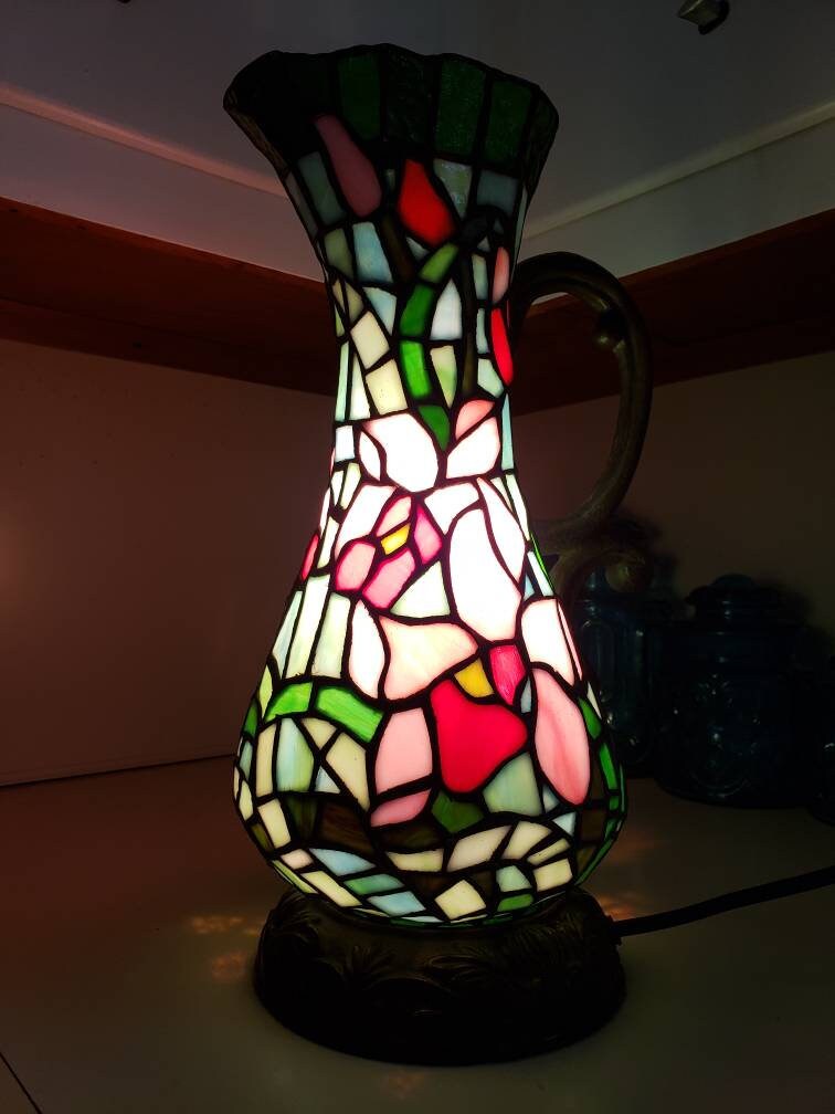 Antique Bronze Pedestal Stained Glass Water Pitcher Light Etsy