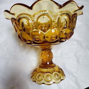 LE Smith Amber Moon and Stars Candy Bowl | Vintage Amber moon stars pedestal compote |Collectable LE Smith moon stars bowl