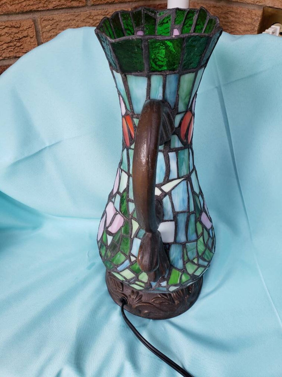 Antique Bronze Pedestal Stained Glass Water Pitcher Light Etsy