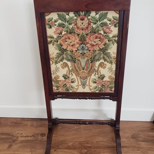 Victorian Floral Tapestry Fire Screen| Antique Fire Screen removable Tray fold down shelf-Shipping is not included.