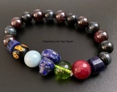 Gourd, Mantra Bead, Peridot, Rubellite, Aquamarine, Lapis Lazuli, Garnet and Blue Hawks eye Good luck and Protection Charm Bracelet