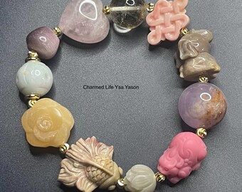 Alashan Agate, Koi, Yellow Jade, Peony, Jade, Cats Eye, Rose Quartz, Clear Quartz, Mystic Knot, Elephant, Rabbit Hair Quartz, Piyao, Lotus