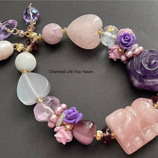 Rose Quartz, Maneki Neko Fortune Cat charm, Amethyst, Peony Charm, Kunzite, Ingot, Cat's Eye Charm