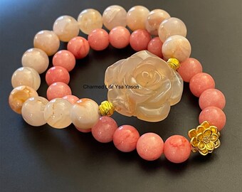 Pair Sale- 12mm Cherry Blossom Flower Agate, 10mm Pink jade and Lotus with 24k gold plated charms
