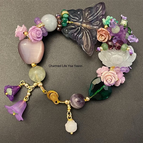 Fluorite, Butterfly charm, Jade, Lotus, Amethyst, Prehnite, Cats Eye