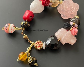 Rose Quartz Flower, Onyx, Elephant, Mantra Bead, Maneki Neko, Red Coral