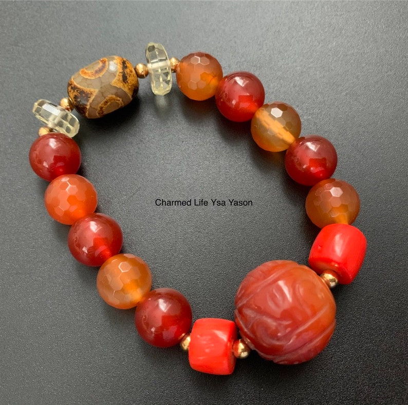 Carved Carnelian Lemon Quartz Red Corals Three Eye DZI Protection and Good luck Charm Bracelet