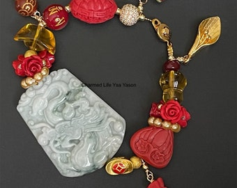 Jade, Dragon, ingot, wealth ship, gourd, citrine, grape charm, lily, mantra bead