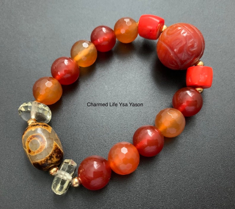 Carved Carnelian Lemon Quartz Red Corals Three Eye DZI Protection and Good luck Charm Bracelet