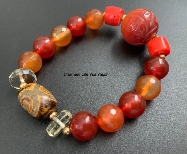 Carved Carnelian Lemon Quartz Red Corals Three Eye DZI Protection and Good luck Charm Bracelet