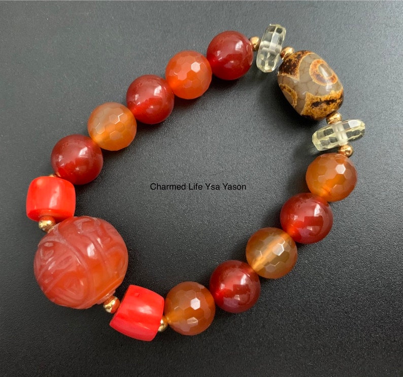 Carved Carnelian Lemon Quartz Red Corals Three Eye DZI Protection and Good luck Charm Bracelet