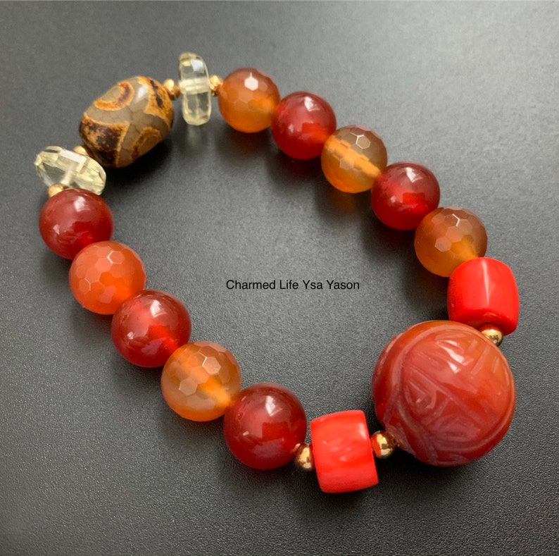 Carved Carnelian Lemon Quartz Red Corals Three Eye DZI Protection and Good luck Charm Bracelet