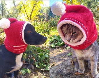 Christmas Pet Hat Knitting Pattern, Pompom Dog/Cat Hat (PDF Pattern)