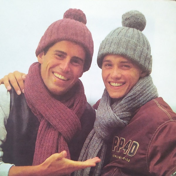 KNITTING PATTERN/Men's Classic Beanie with pompon and scarf/Mens Winter Hat and scarf/Men Easy Beanie Knit Pattern, Classic Knit Hat