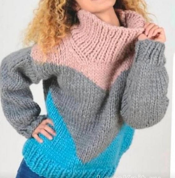 Knitting sweater pattern Easy knit sweater tricolor sweater Thick yarn sweater Beginner knitting sweater women knitting pattern for lady