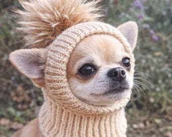 Dog Hat Knitting Pattern PDF | Chihuahua Winter Bonnet with Fur Pom Pom