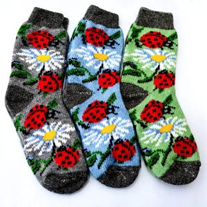 May include: Three pairs of wool socks with a ladybug and daisy pattern. The socks are in shades of gray, blue, and green, with a dark gray cuff and toe. The ladybugs are red with black spots, and the daisies have white petals and yellow centers.