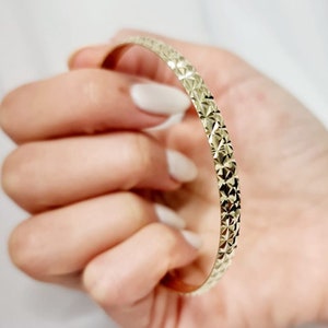 Moroccan 14K Gold Engraved Bangle, Modern Design Slip-on Bracelet For Women