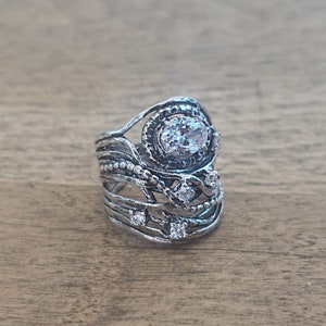 Handmade Sterling Silver Ring with Six White Zircon Stones, Designer Ring Made In Israel