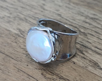 Bague en argent perle d’eau douce, bague design à large bande 925, fabriquée en Israël