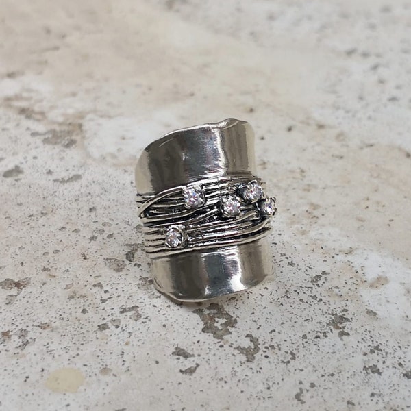 Sterling Silver Designer Ring, Vintage Israel Handmade Ring, Wide Band with Five White Zircon Stones
