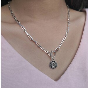 Sterling Silver Long Rectangle Link Chain Necklace with Queen Elizabeth Coin